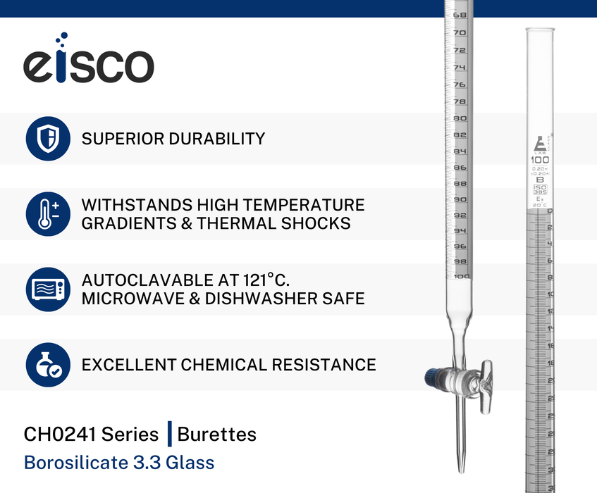 Schellbach Burette, 100mL - Class B - Glass Stopcock - White Graduations - Borosilicate Glass