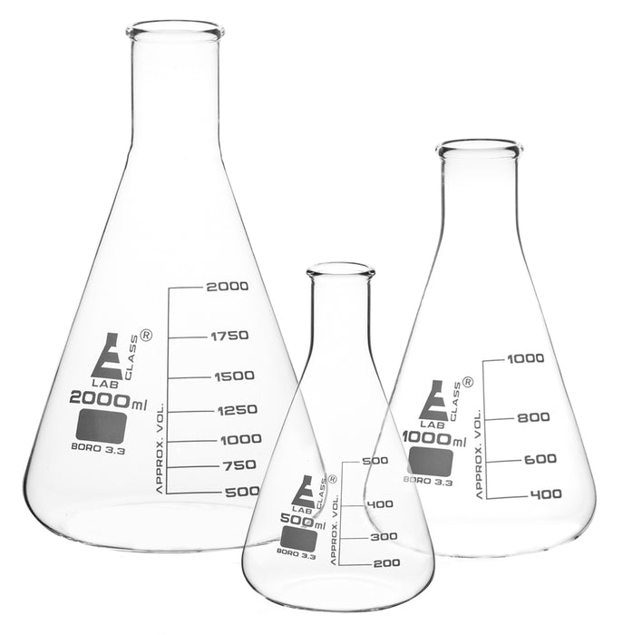 3-Piece Narrow Neck Erlenmeyer Flask Set, 500/1000/2000mL, White Graduations, Borosilicate Glass