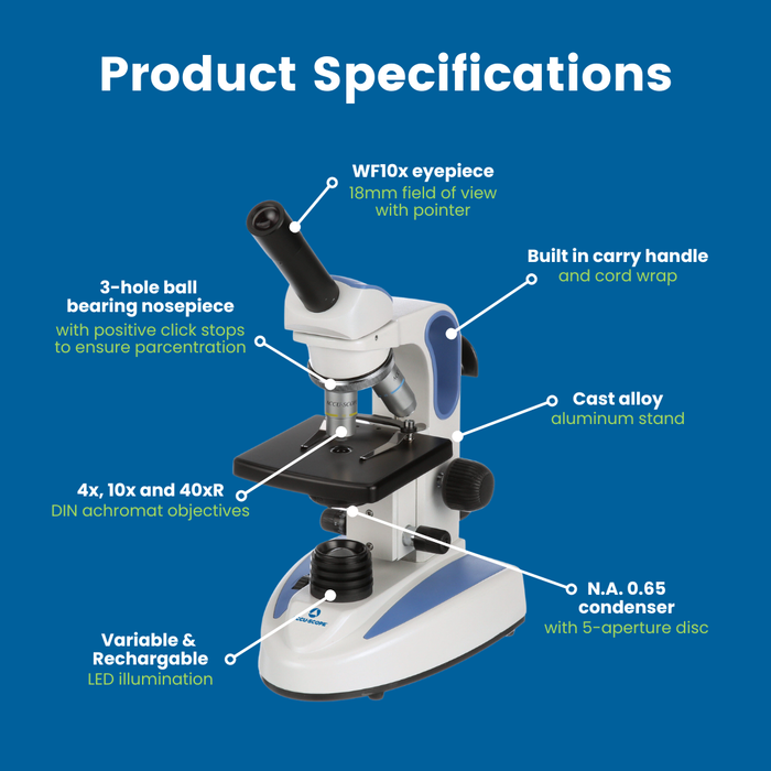 Microscope EXM-150-I - Monocular Head, 40-400X Magnification, Iris Diaphragm, Cordless LED Illumination