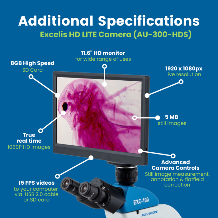Digital Microscope with Camera & 11.6" LCD Monitor, EXC-103-HDS - Trinocular Head, 40-1000X Magnification, Cordless LED Illumination - 1080p Resolution - 5 MP Image & 15 FPS Video Capture - HDMI/USB 2.0 Outputs