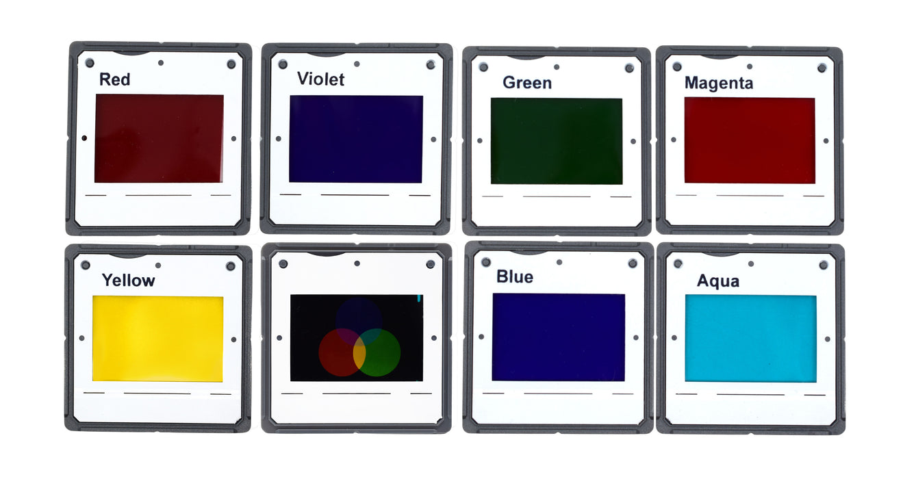 Color Filters, Set of 8 - Violet, Cyan (Aqua), Blue, Green, Yellow, Red, Magenta, RBG - 2" x 2" Each