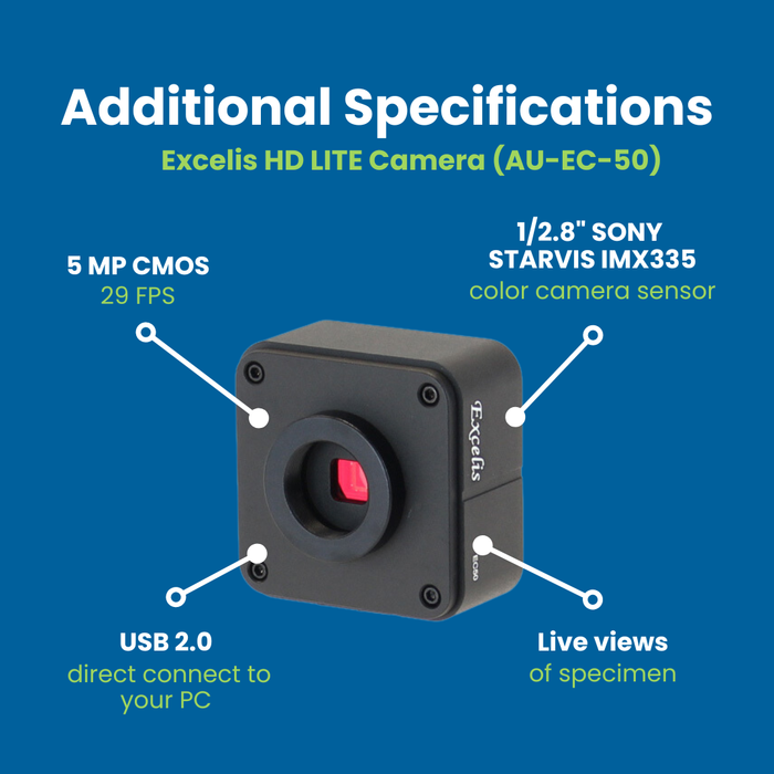 Digital Microscope with Camera, EXC-103-EC50 - Trinocular Head, 40-1000X Magnification, Cordless LED Illumination - 5 MP Image & 29 FPS Video Capture - USB 2.0 Output