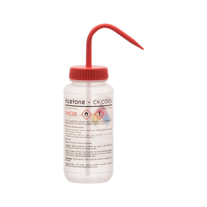 Wash Bottle for Acetone, 500ml - Labeled with Color Coded Chemical & Safety Information (4 Colors) - Wide Mouth, Self Venting, Low Density Polyethylene - Eisco Labs