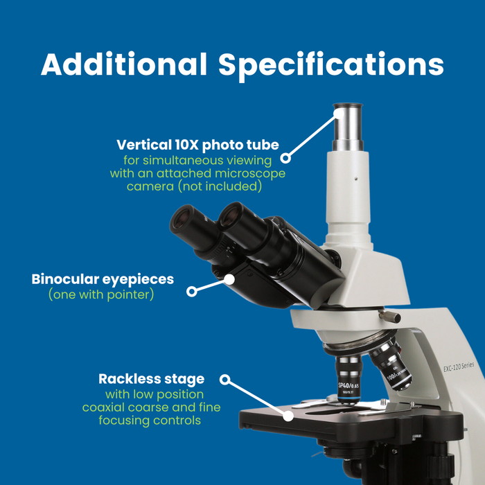 Microscope EXC-123 - Trinocular Head, 40-1000X Magnification, Achromat Objectives, Mechanical Stage, Iris Diaphragm
