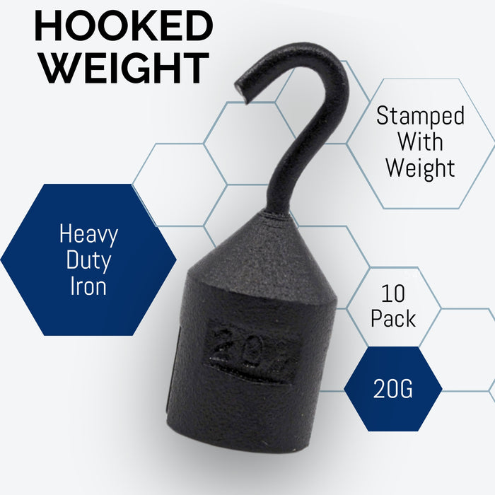 Eisco Labs - Hooked Weight 10-Pack, 20g Each - Iron, Cylindrical with Hook and Bottom Slot for Easy Lifting, Science Experiments, Physics, Scale Calibration, Measurement