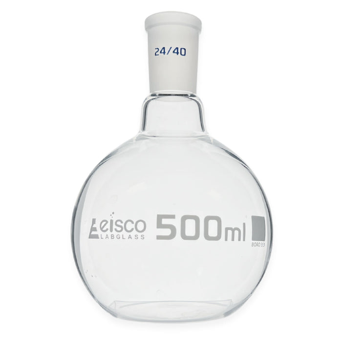 Eisco Labs - 500 mL Flat Bottom Boiling Flask with 24/40 Ground Joint, Borosilicate Glass, Ideal for Organic Chemistry, Heating, Distillation, Reflux, Extractions, and Solution Preparation in Laboratories