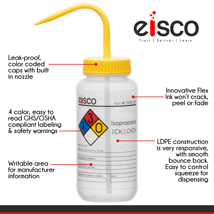 6PK Wash Bottle for Isopropanol, 500ml - Labeled with Color Coded Chemical & Safety Information (4 Colors) - Wide Mouth, Self Venting, Low Density Polyethylene - Eisco Labs