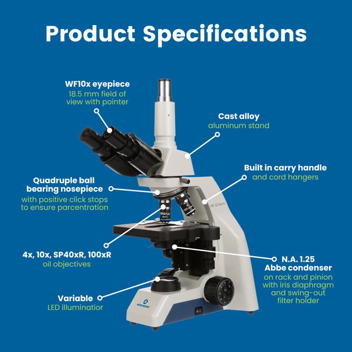 Microscope EXC-123 - Trinocular Head, 40-1000X Magnification, Achromat Objectives, Mechanical Stage, Iris Diaphragm