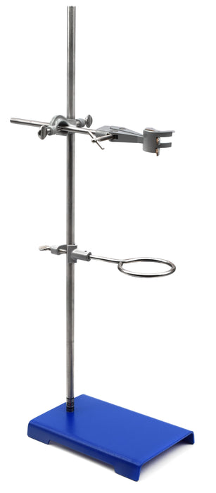 10PK Chemical Resistant Steel Lab Stand Set - Support Stand (8" x 5"), 12mm Dia. Rod (23.6" L), Cork Lined Burette Clamp with Boss Head and Retort Ring (2.5" Dia)