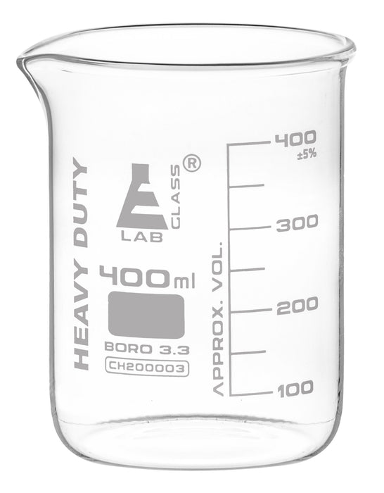 Heavy Duty Beaker, 400ml - 3.2mm Thick, Uniform Walls - Graduated - Borosilicate Glass