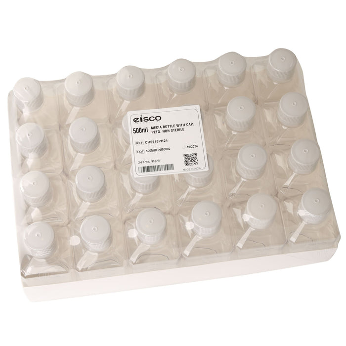 Eisco - Pack of 24, 500mL PETG Media Bottles with HDPE Caps, Non-Sterile, Square, Leakproof, Tamper-Evident, Laboratory-Grade, Ideal for Lab Reagents, Buffers & Biopharmaceutical Processing