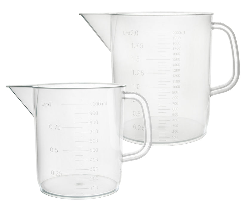 2pcs Plastic Pitcher Set, 1000mL & 2000mL (1L & 2L) - Short Form, Euro Design - Molded Graduations - Chemical Resistant & Autoclavable Polypropylene