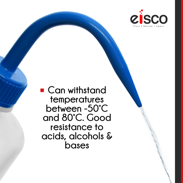 Premium Wash Bottle, 250ml - Blue Cap, Narrow Mouth- Self Venting, Low Density Polyethylene - Eisco Labs