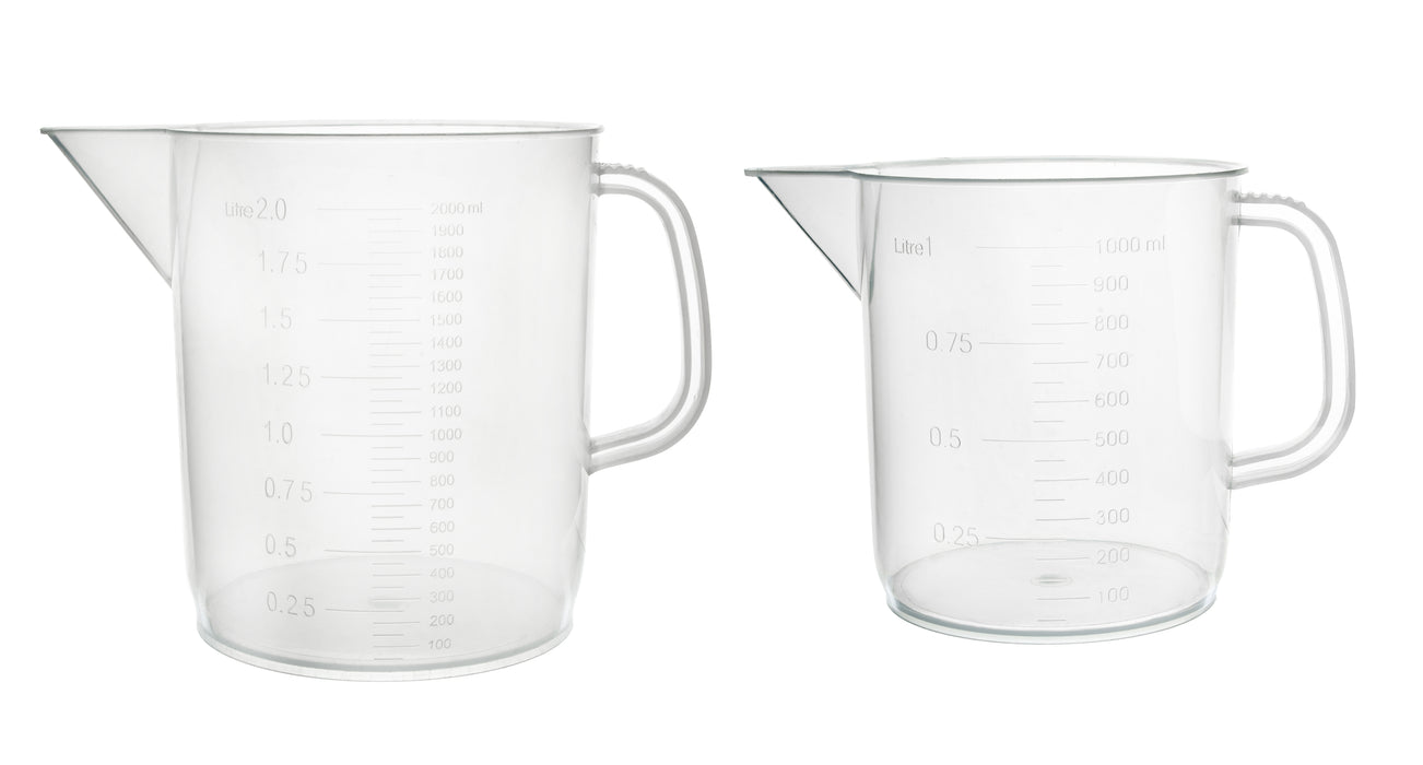 2pcs Plastic Pitcher Set, 1000mL & 2000mL (1L & 2L) - Short Form, Euro Design - Molded Graduations - Chemical Resistant & Autoclavable Polypropylene