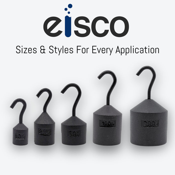 Eisco Labs - Hooked Weight 10-Pack, 200g Each - Iron, Cylindrical with Hook and Bottom Slot for Easy Lifting, Science Experiments, Physics, Scale Calibration, Measurement