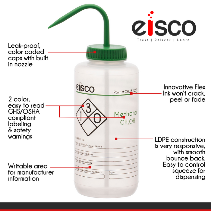 Wash Bottle for Methanol, 1000ml - Labeled with Color Coded Chemical & Safety Information (2 Color)  - Wide Mouth, Self Venting, Polypropylene - Performance Plastics by Eisco Labs