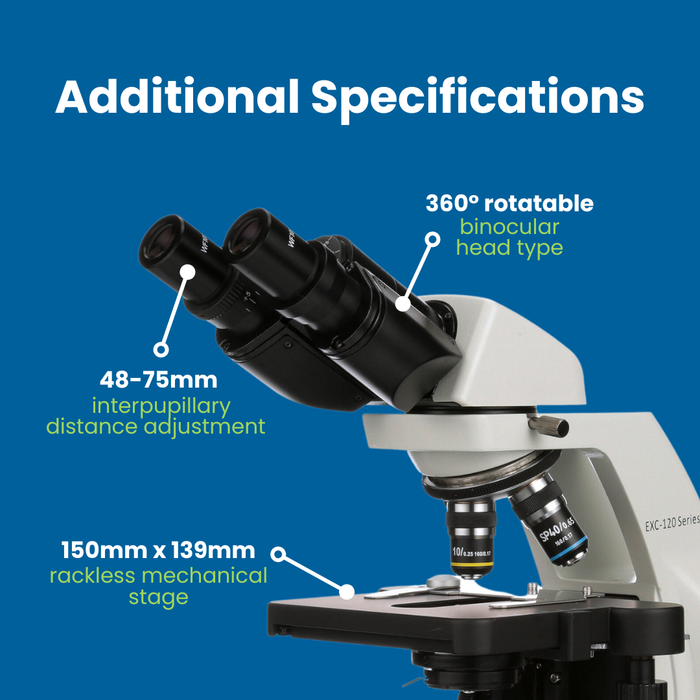Microscope EXC-120-3 - Binocular Head, 40-400X Magnification, Achromat Objectives, Mechanical Stage, Iris Diaphragm