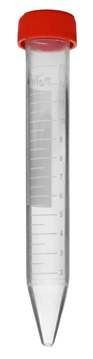 Centrifuge Tube with Screw Cap, 15mL - Conical, 120mm Length x16mm Diameter - 0.5mL White Graduations - Non-Erasable Labeling Area - Polypropylene Plastic