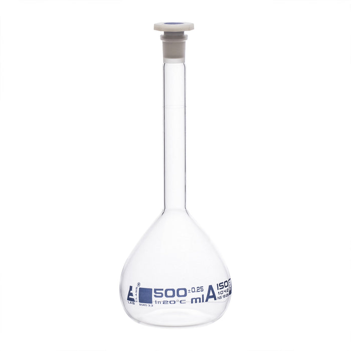 Volumetric Flask, 500ml - Class A Tolerance ±0.25ml - 19/26 Polypropylene Stopper - Blue Graduation Mark - Borosilicate Glass - Includes Individual Work Certificate