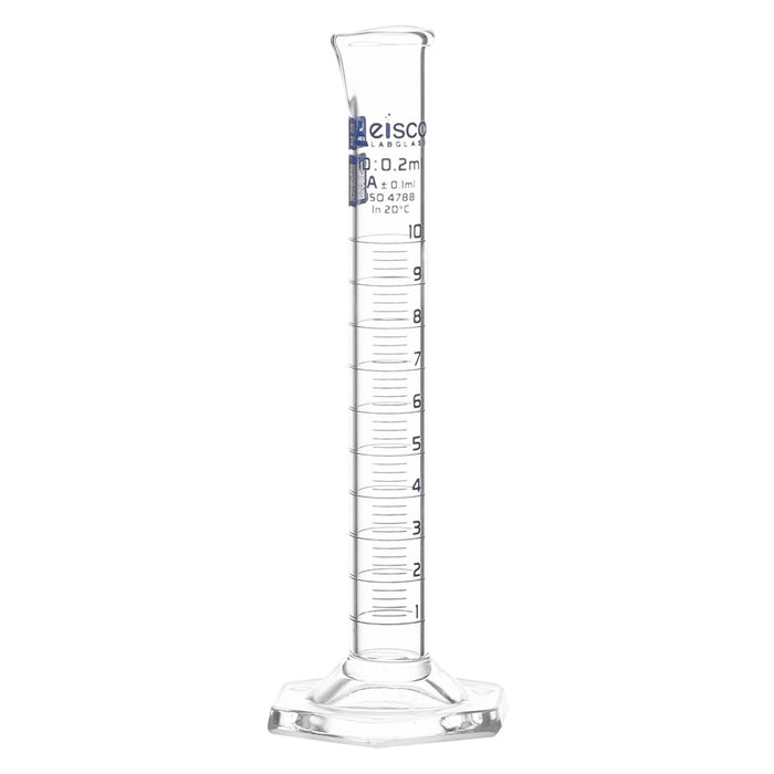 Eisco Labs - 10mL Measuring Cylinder - Tolerance ±0.10mL - Class A Graduated Cylinder - Calibrated TC - Hexagonal Base - Blue Graduations - Batch Work Certificate QR Code - Boro 3.3 Glass