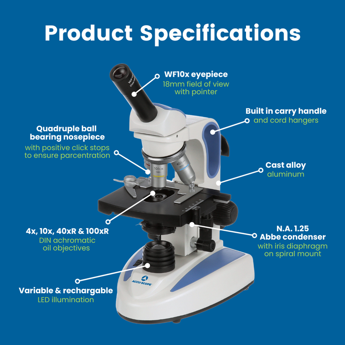 Microscope EXM-151 - Monocular Head, 40-1000X Magnification, Mechanical Stage, Iris Diaphragm, Cordless LED Illumination