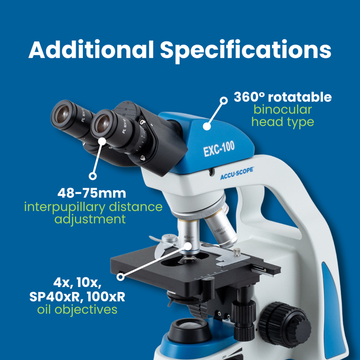Microscope EXC-100 - Binocular Head, 40-1000X Magnification, Achromat Objectives, Mechanical Stage, Iris Diaphragm, Cordless LED Illumination