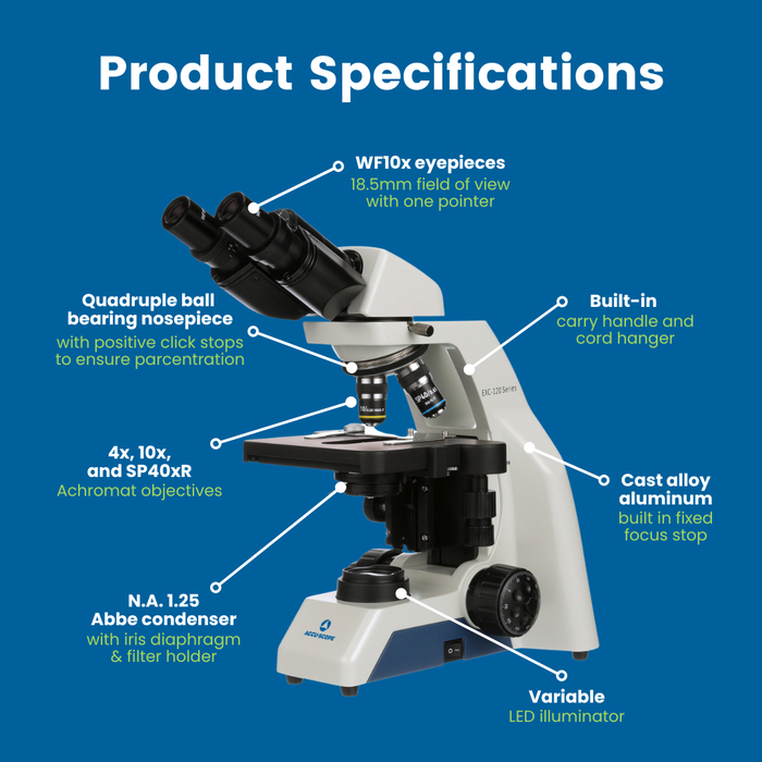 Microscope EXC-120-3 - Binocular Head, 40-400X Magnification, Achromat Objectives, Mechanical Stage, Iris Diaphragm