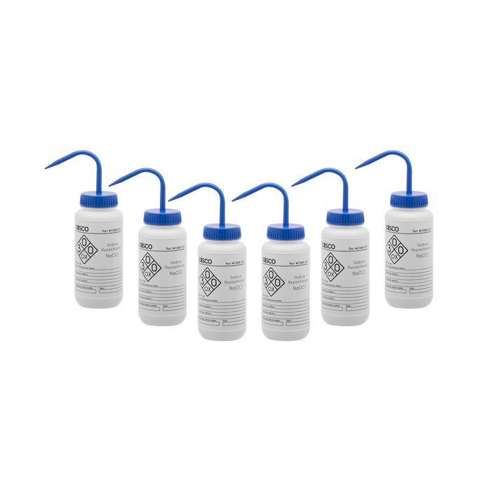 6PK Wash Bottle for Sodium Hypochloride (Bleach), 500ml - Labeled with Color Coded Chemical & Safety Information (2 Color)  - Wide Mouth, Self Venting, Low Density Polyethylene - Eisco Labs