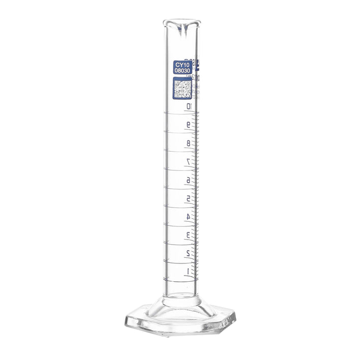 Eisco Labs - 10mL Measuring Cylinder - Tolerance ±0.10mL - Class A Graduated Cylinder - Calibrated TC - Hexagonal Base - Blue Graduations - Batch Work Certificate QR Code - Boro 3.3 Glass