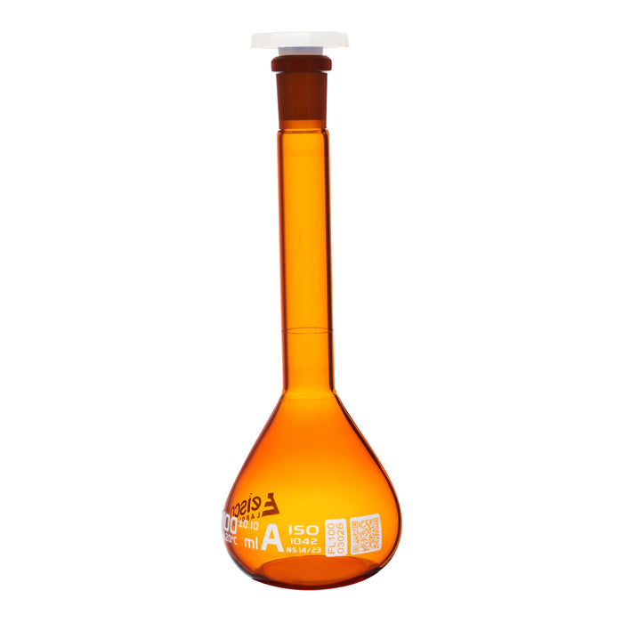 Eisco Amber Volumetric Flask, 100mL - Class A - Borosilicate Glass, Polyethylene Stopper, 14/23 Socket - QR Code Marking for Calibration Certificate
