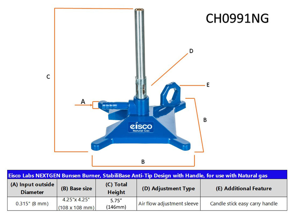 Bunsen Burner, Natural Gas - StabiliBase, Anti-Tip Design