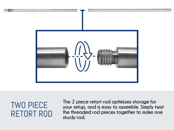 Upgraded 4 Piece Set - Rectangular Retort Stand, Rod, Clamp & Ring Set - 8"x5" Steel Base, 23.6" 2 Piece Stainless Steel Rod, 3" Steel Support Rings, 4-Pronged Cork-Lined Clamp - Eisco Labs