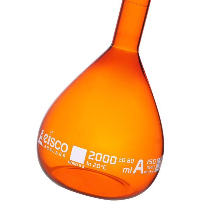 Eisco Amber Volumetric Flask, 2000mL - Class A - Borosilicate Glass, Polyethylene Stopper, 29/32 Socket - QR Code Marking for Calibration Certificate