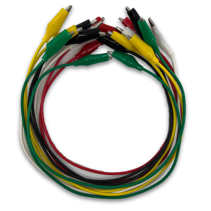 Eisco Labs - Crocodile Lead Set, Pack of 10 - 14 Inch Wires with Crocodile Clips, 2 Each of 5 Colors (White, Red, Green, Black, Yellow) - Electrical Testing Leads with Insulated Clips for Lab Experiments