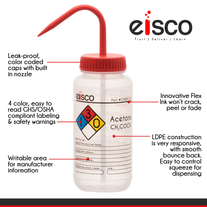 6PK Wash Bottle for Acetone, 1000ml - Labeled with Color Coded Chemical & Safety Information (4 Colors) - Wide Mouth, Self Venting, Low Density Polyethylene - Eisco Labs