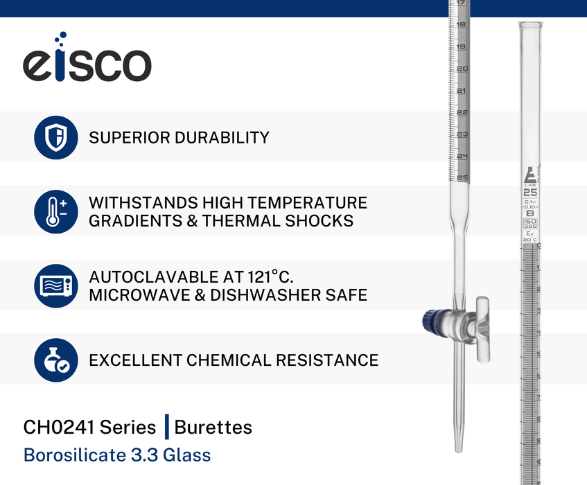 Schellbach Burette, 25mL - Class B - Glass Stopcock - White Graduations - Borosilicate Glass