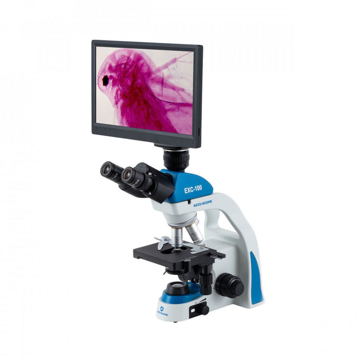 Digital Microscope with Camera & 11.6" LCD Monitor, EXC-103-HDS - Trinocular Head, 40-1000X Magnification, Cordless LED Illumination - 1080p Resolution - 5 MP Image & 15 FPS Video Capture - HDMI/USB 2.0 Outputs