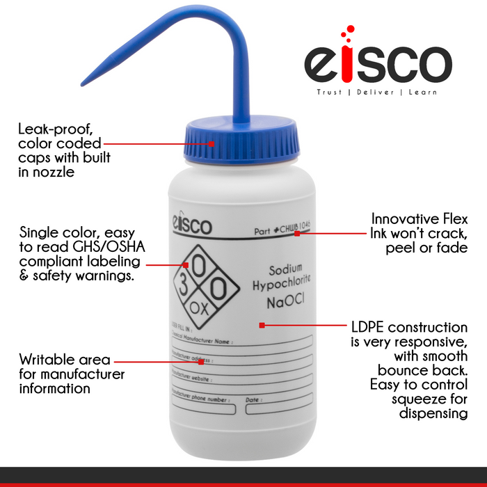 Wash Bottle for Sodium Hypochlorite (Bleach), 1000ml - Labeled with Color Coded Chemical & Safety Information (2 Color)  - Wide Mouth, Self Venting, LDPE - Performance Plastics by Eisco Labs