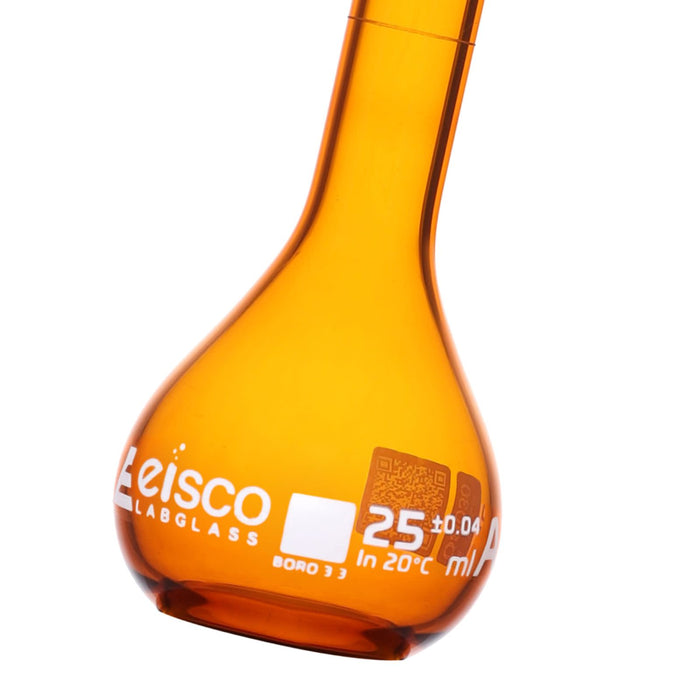 Eisco Amber Volumetric Flask, 25mL - Class A - Borosilicate Glass, Polyethylene Stopper, 10/19 Socket - QR Code Marking for Calibration Certificate