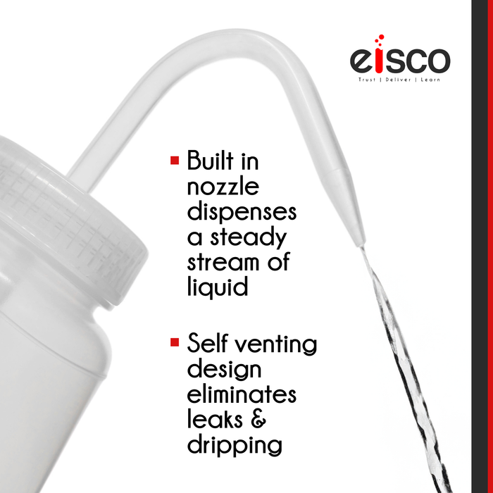 Wash Bottle for Distilled Water, 1000ml - Labeled with Color Coded Chemical & Safety Information - Wide Mouth, Self Venting, Low Density Polyethylene - Performance Plastics by Eisco Labs