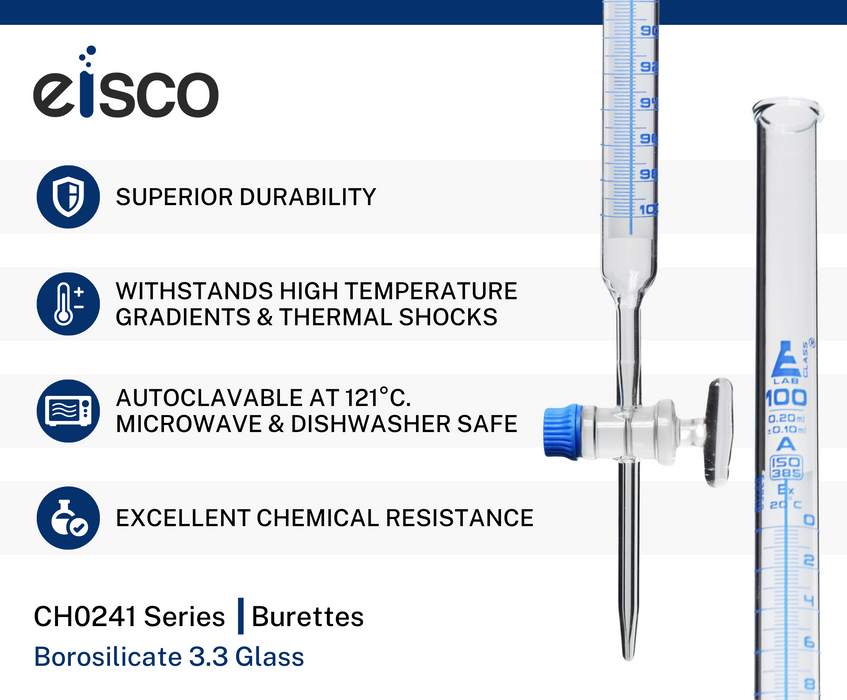 Schellbach Burette, 100mL - Class A - Glass Stopcock - Blue Graduations - Borosilicate Glass