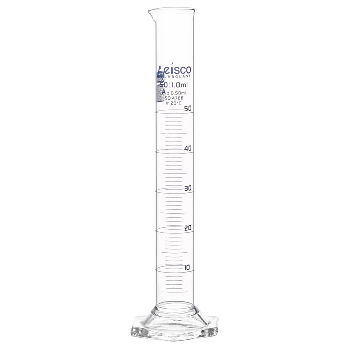 Eisco Labs - 50mL Measuring Cylinder - Tolerance ±0.50mL - Class A Graduated Cylinder - Calibrated TC - Hexagonal Base - Blue Graduations - Batch Work Certificate QR Code - Boro 3.3 Glass