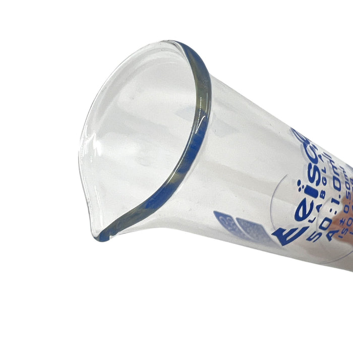 Eisco Labs - 50mL Measuring Cylinder - Tolerance ±0.50mL - Class A Graduated Cylinder - Calibrated TC - Hexagonal Base - Blue Graduations - Batch Work Certificate QR Code - Boro 3.3 Glass