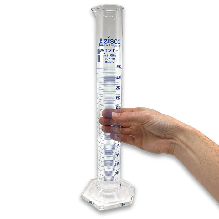 Eisco Labs - 250mL Measuring Cylinder - Tolerance ±1.00mL - Class A Graduated Cylinder - Calibrated TC - Hexagonal Base - Blue Graduations - Batch Work Certificate QR Code - Boro 3.3 Glass