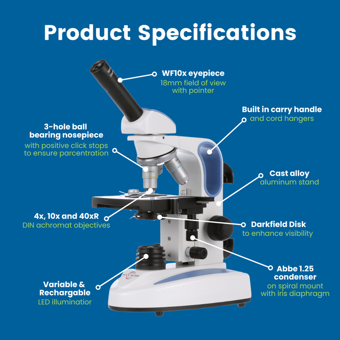 Accu-Scope EXM-150-MS-DF 2-in-1 Brightfield/Darkfield Microscope - Monocular, 40-400X Magnification, Mechanical Stage, Cordless LED, Student-Proof Design for Laboratory & Home - Biological Microscope