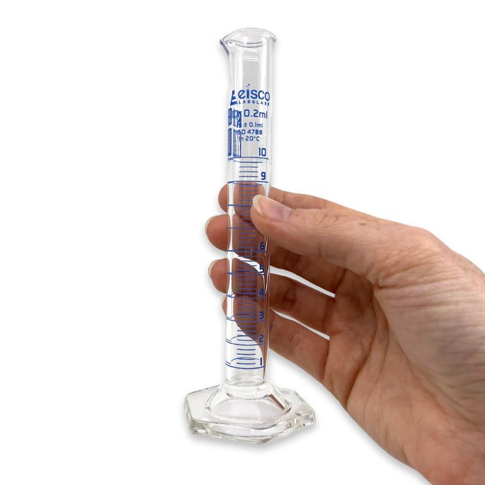 Eisco Labs - 10mL Measuring Cylinder - Tolerance ±0.10mL - Class A Graduated Cylinder - Calibrated TC - Hexagonal Base - Blue Graduations - Batch Work Certificate QR Code - Boro 3.3 Glass