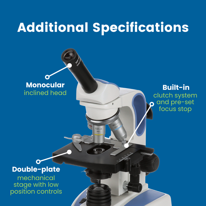 Microscope EXM-151 - Monocular Head, 40-1000X Magnification, Mechanical Stage, Iris Diaphragm, Cordless LED Illumination