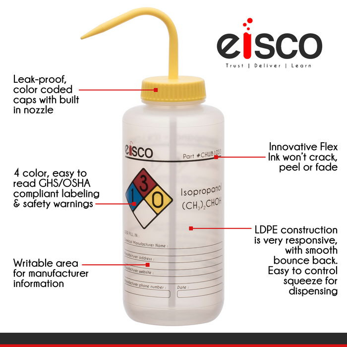 6PK Wash Bottle for Isopropanol, 1000ml - Labeled with Color Coded Chemical & Safety Information (4 Colors) - Wide Mouth, Self Venting, Low Density Polyethylene - Eisco Labs
