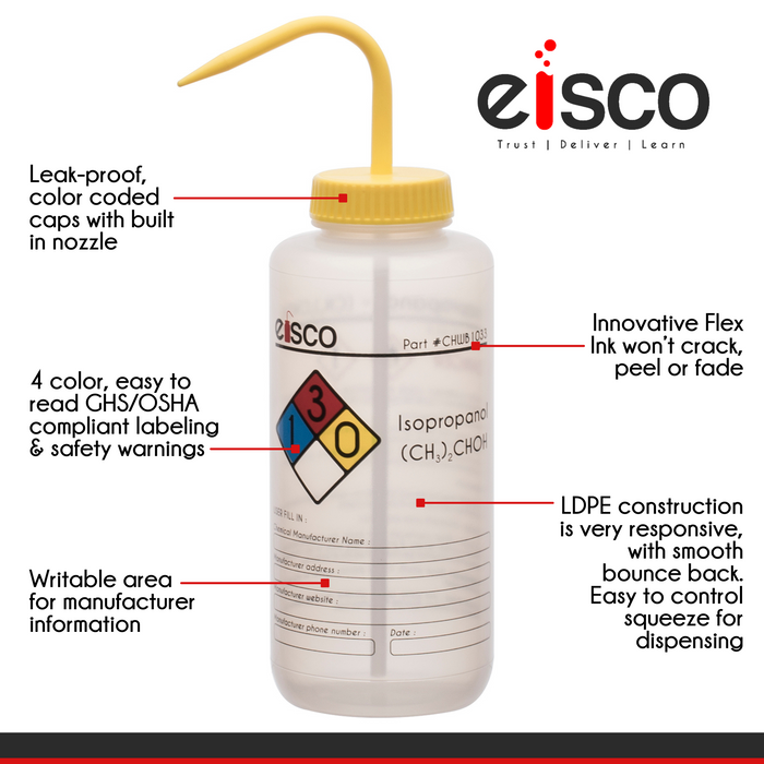Wash Bottle for Isopropanol, 500ml - Labeled with Color Coded Chemical & Safety Information (4 Colors) - Wide Mouth, Self Venting, Low Density Polyethylene - Eisco Labs