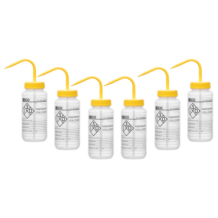6PK Wash Bottle for Isopropanol, 500ml - Labeled with Chemical Information & Safety Information (1 Color)  - Wide Mouth, Self Venting, Low Density Polyethylene - Eisco Labs
